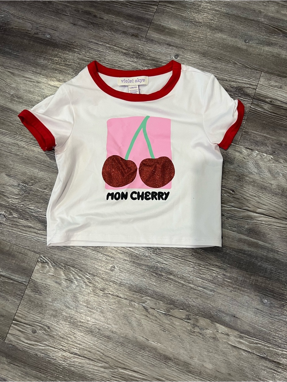 Violet & Claire White Tee with Red Trim and Glitter Cherry Graphic